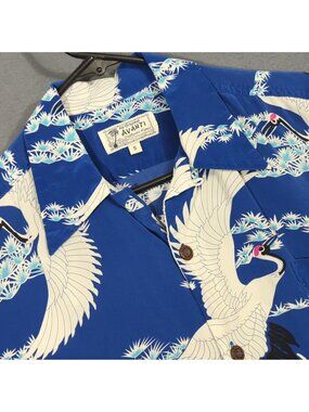 Avanti Shirt Men's S Blue Silk Crane Print Loop Collar Hawiian Aloha Camp